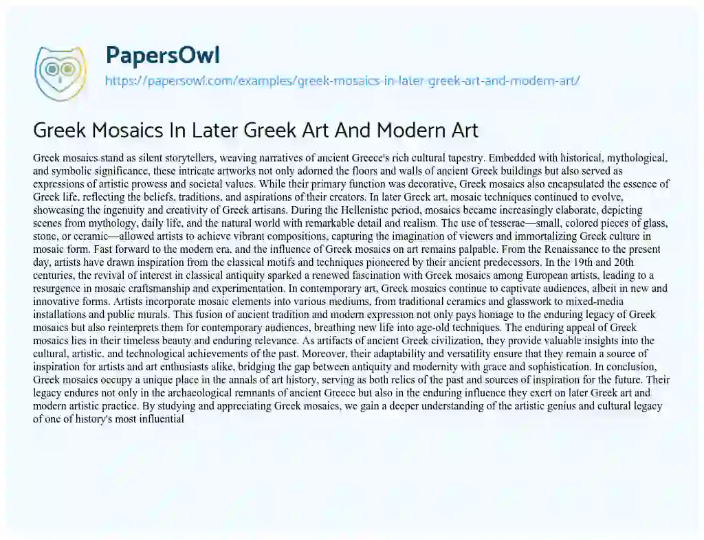 Essay on Greek Mosaics in Later Greek Art and Modern Art