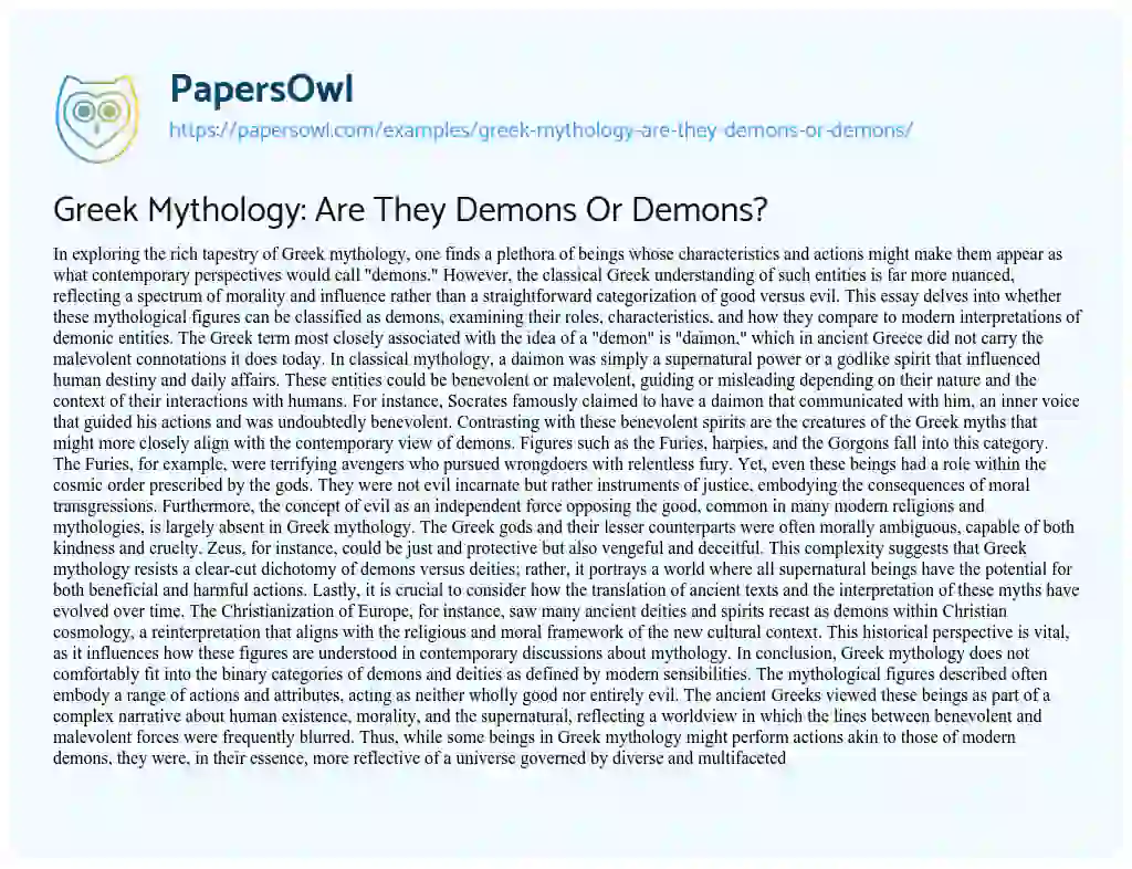 Essay on Greek Mythology: Are They Demons Or Demons?