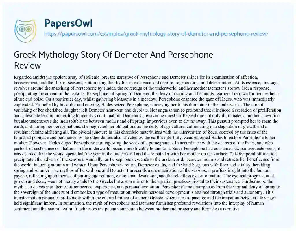 Essay on Greek Mythology Story of Demeter and Persephone Review