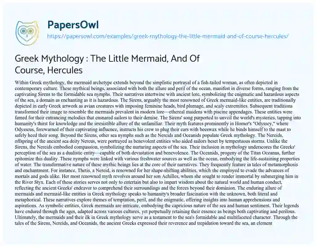 Essay on Greek Mythology : the Little Mermaid, and of Course, Hercules