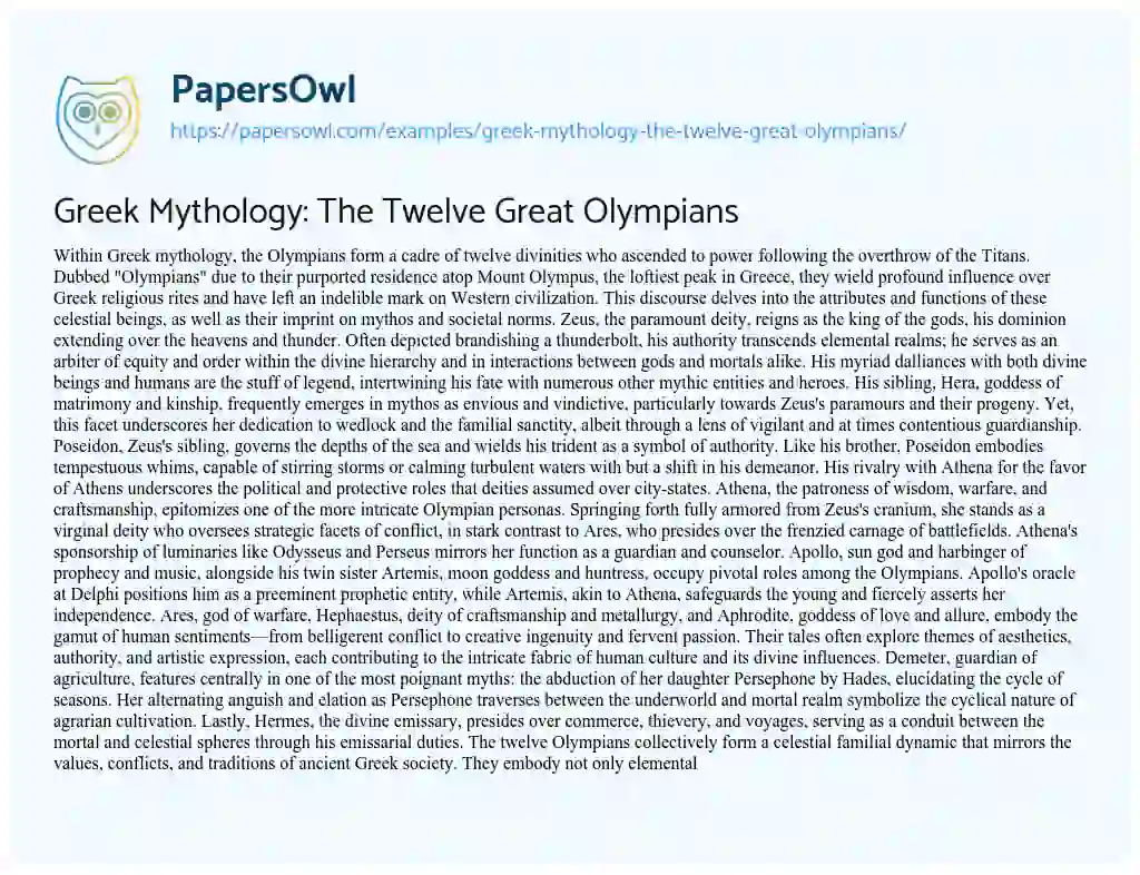 Essay on Greek Mythology: the Twelve Great Olympians