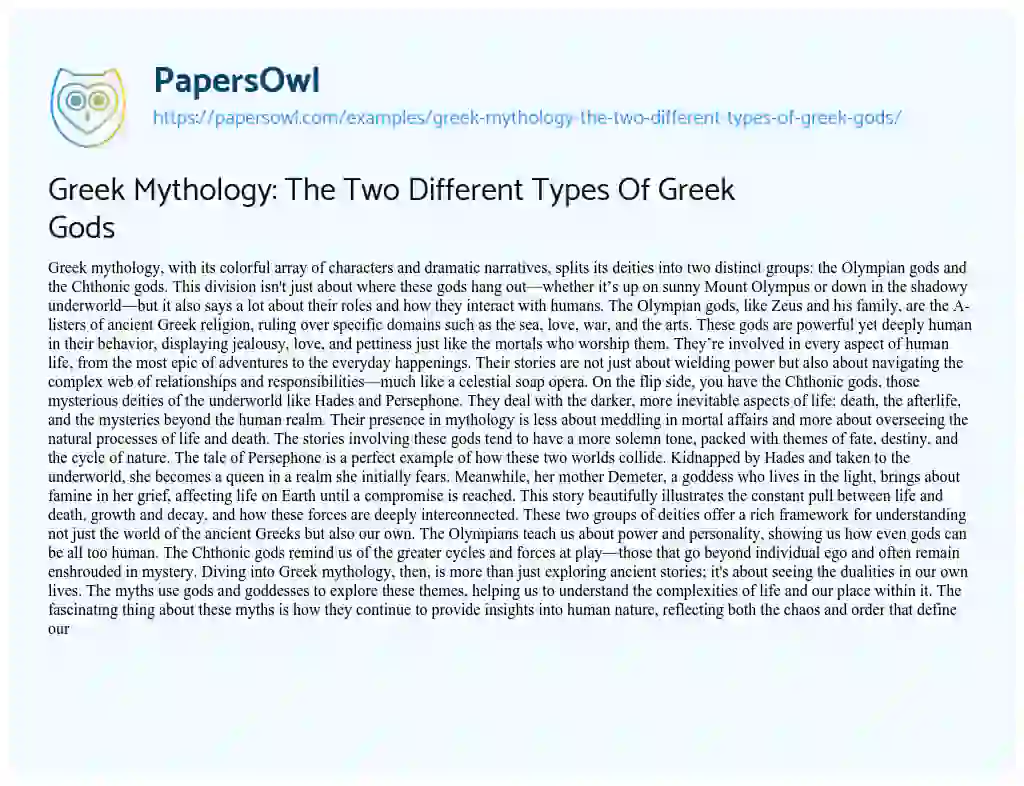 Essay on Greek Mythology: the Two Different Types of Greek Gods