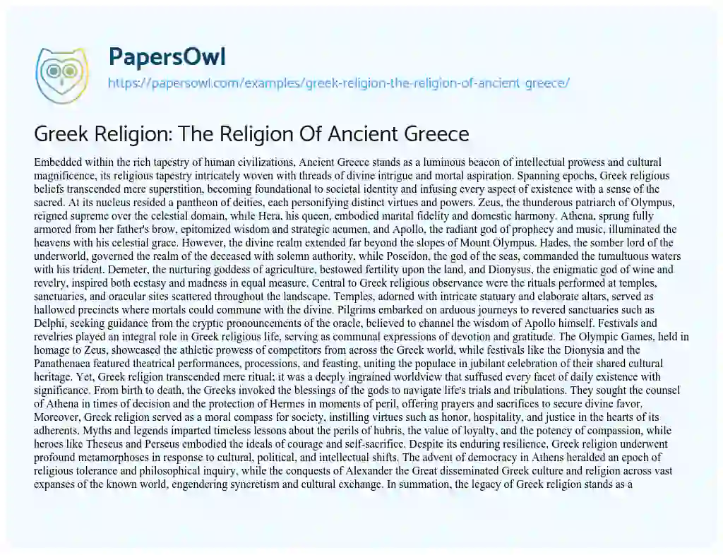 Essay on Greek Religion: the Religion of Ancient Greece