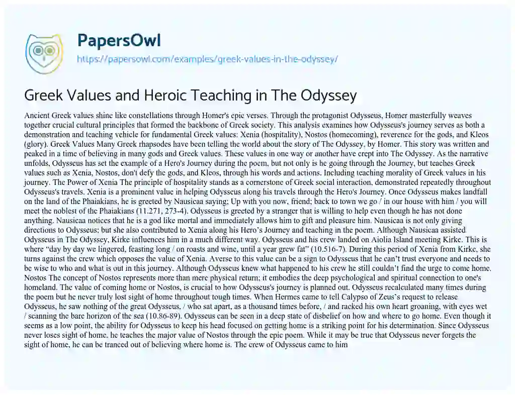 Essay on Greek Values in the Odyssey