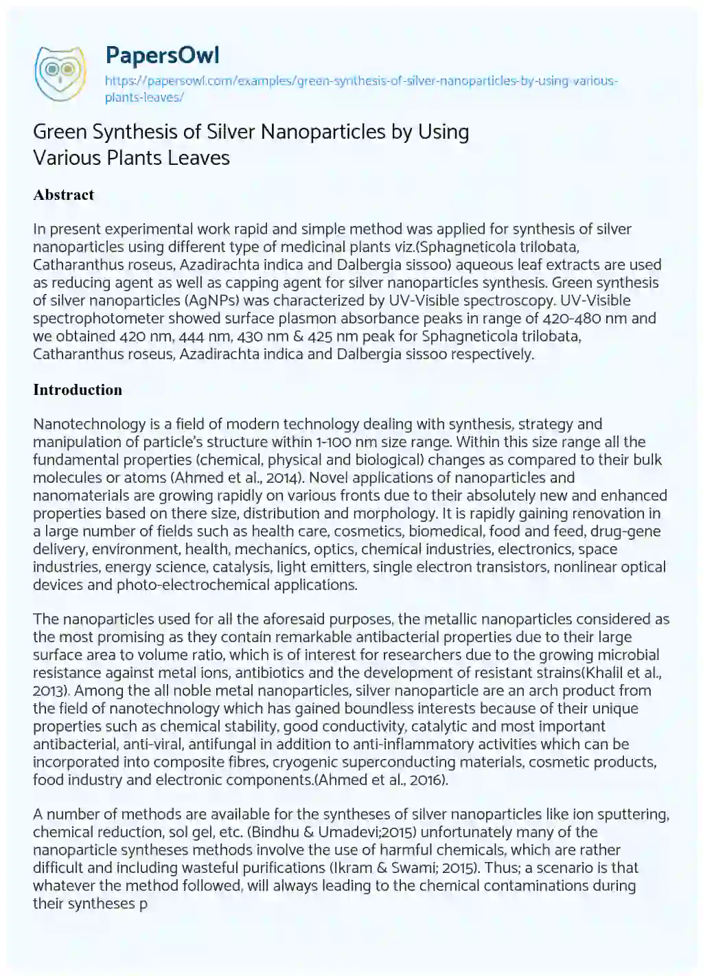 Essay on Green Synthesis of Silver Nanoparticles by Using Various Plants Leaves