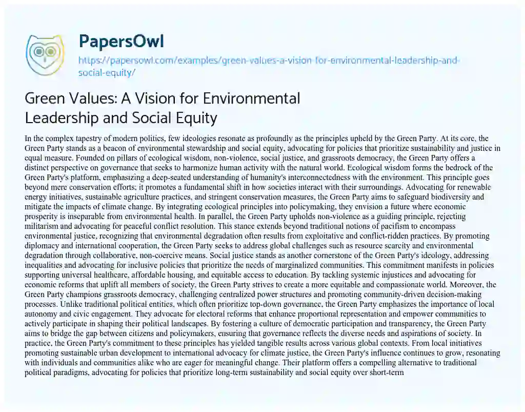 Essay on Green Values: a Vision for Environmental Leadership and Social Equity