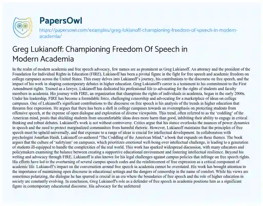 Essay on Greg Lukianoff: Championing Freedom of Speech in Modern Academia