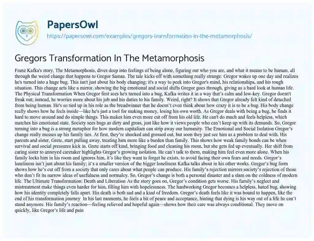 Essay on Gregors Transformation in the Metamorphosis