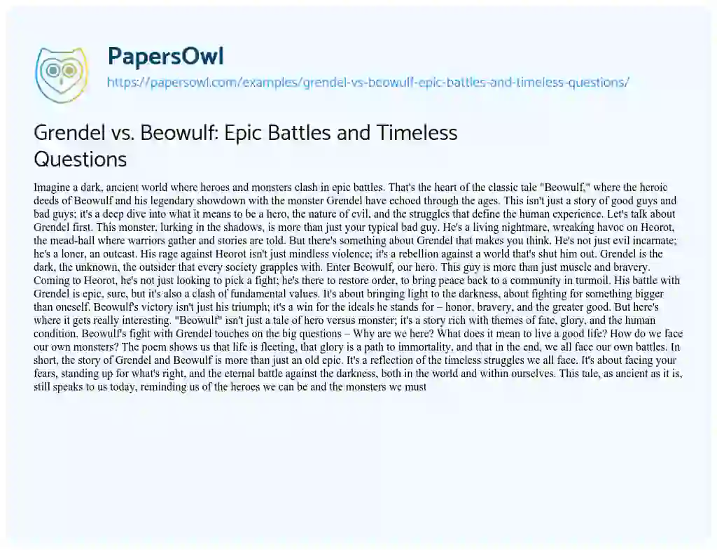 Essay on Grendel Vs. Beowulf: Epic Battles and Timeless Questions