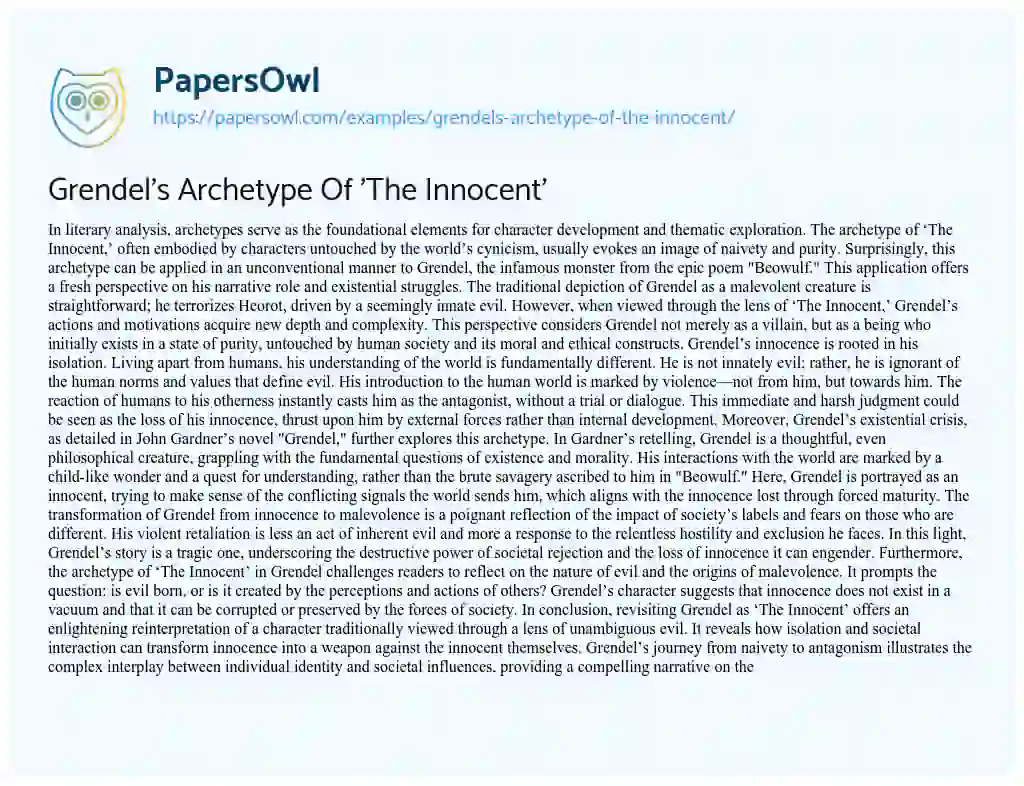 Essay on Grendel’s Archetype of ‘The Innocent’