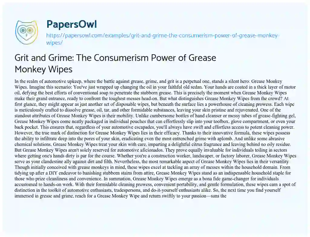 Essay on Grit and Grime: the Consumerism Power of Grease Monkey Wipes