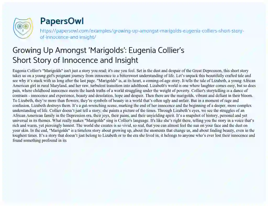 Essay on Growing up Amongst ‘Marigolds’: Eugenia Collier’s Short Story of Innocence and Insight