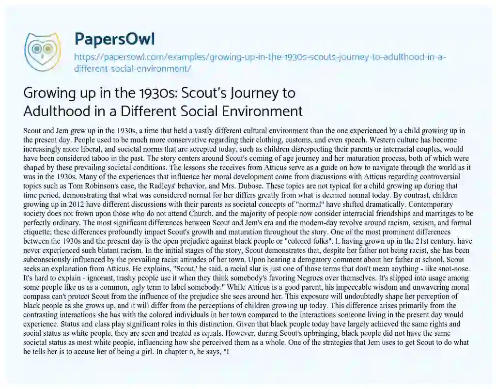 Essay on Growing up in the 1930s: Scout’s Journey to Adulthood in a Different Social Environment