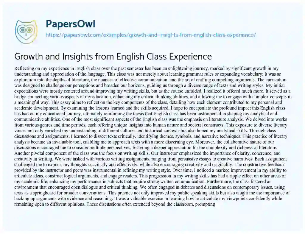 Essay on Growth and Insights from English Class Experience