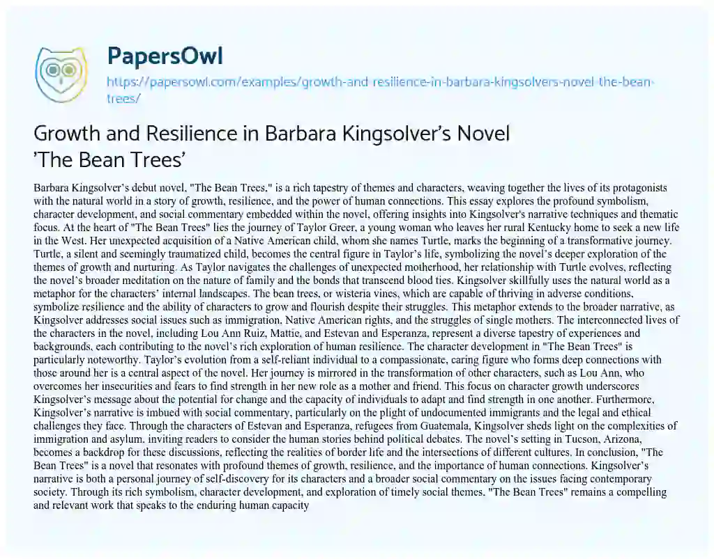 Essay on Growth and Resilience in Barbara Kingsolver’s Novel ‘The Bean Trees’