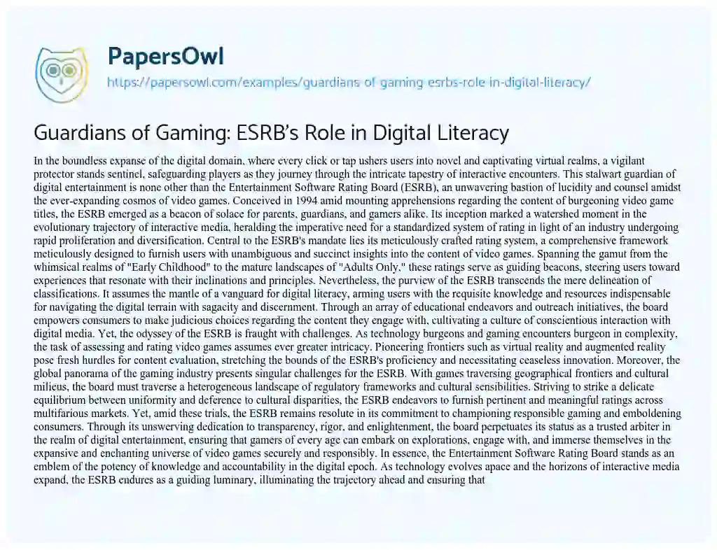 Essay on Guardians of Gaming: ESRB’s Role in Digital Literacy