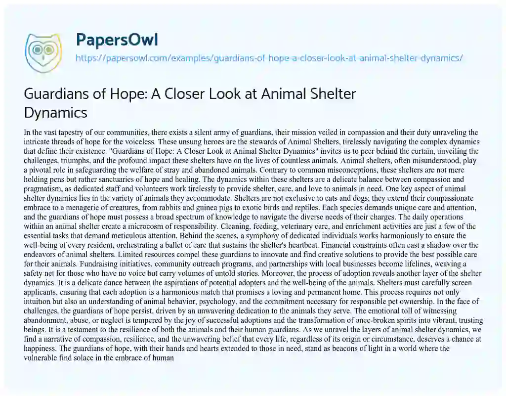 Essay on Guardians of Hope: a Closer Look at Animal Shelter Dynamics