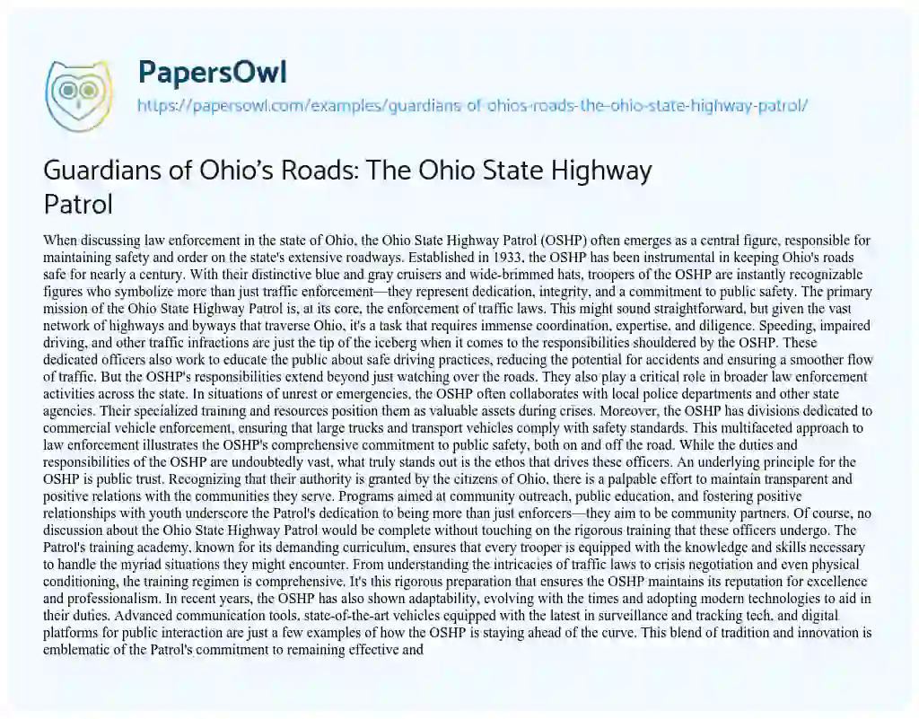 Essay on Guardians of Ohio’s Roads: the Ohio State Highway Patrol