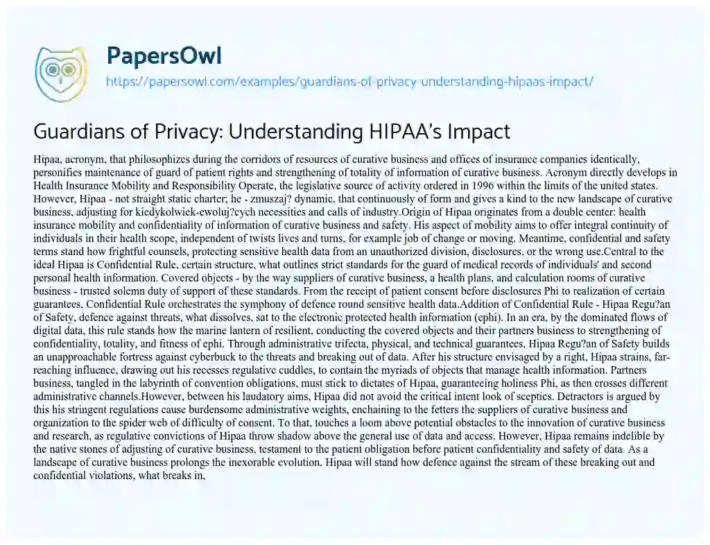 Essay on Guardians of Privacy: Understanding HIPAA’s Impact
