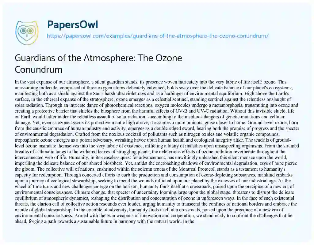 Essay on Guardians of the Atmosphere: the Ozone Conundrum