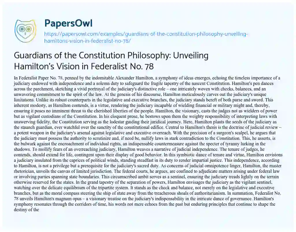 Essay on Guardians of the Constitution Philosophy: Unveiling Hamilton’s Vision in Federalist No. 78