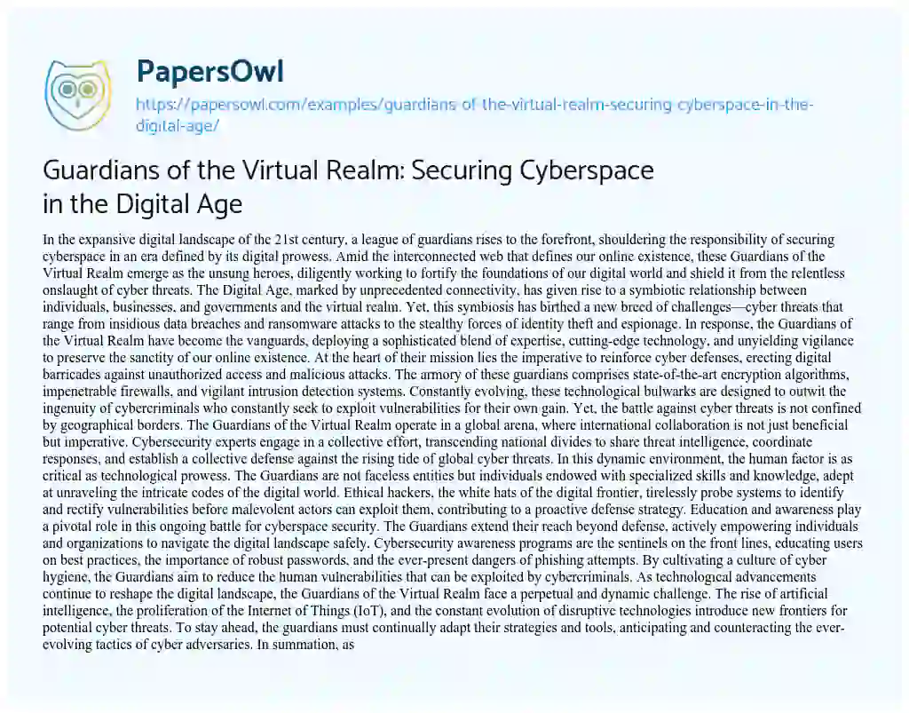 Essay on Guardians of the Virtual Realm: Securing Cyberspace in the Digital Age