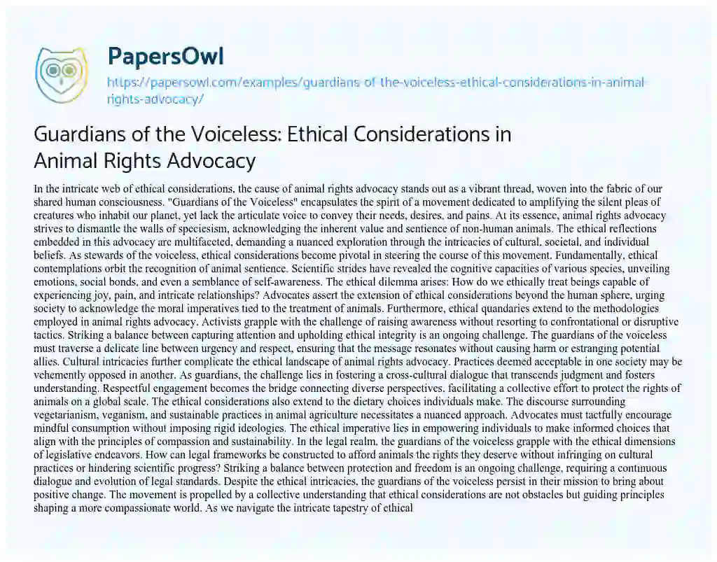 Essay on Guardians of the Voiceless: Ethical Considerations in Animal Rights Advocacy