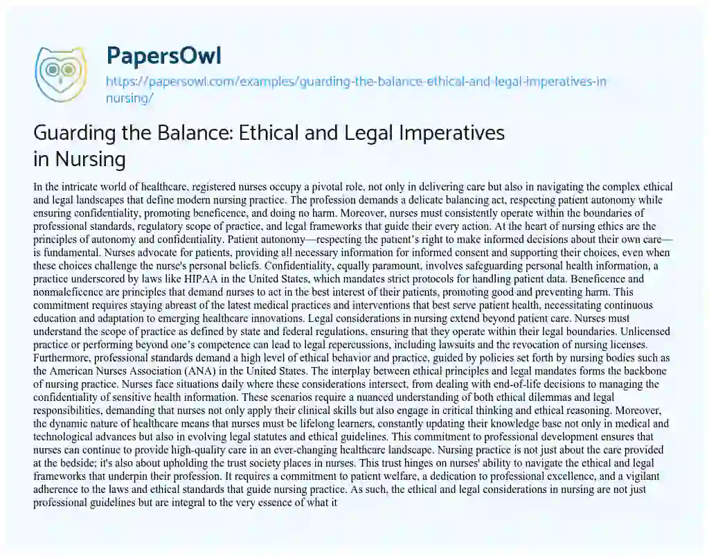 Essay on Guarding the Balance: Ethical and Legal Imperatives in Nursing