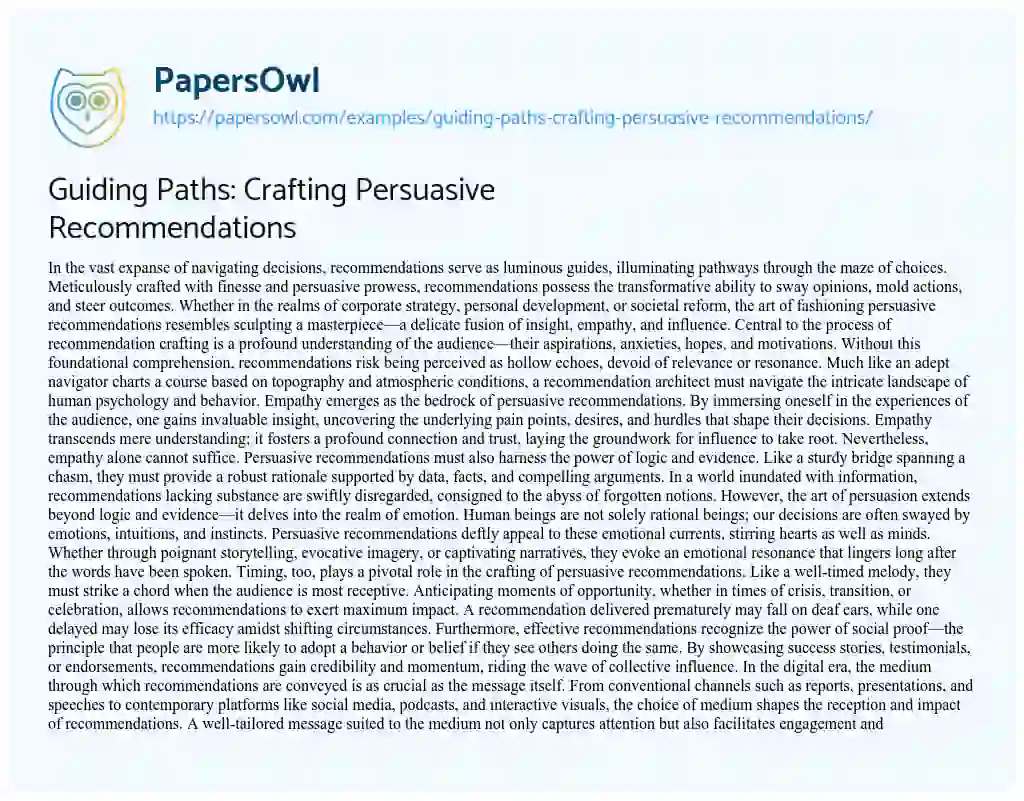 Essay on Guiding Paths: Crafting Persuasive Recommendations
