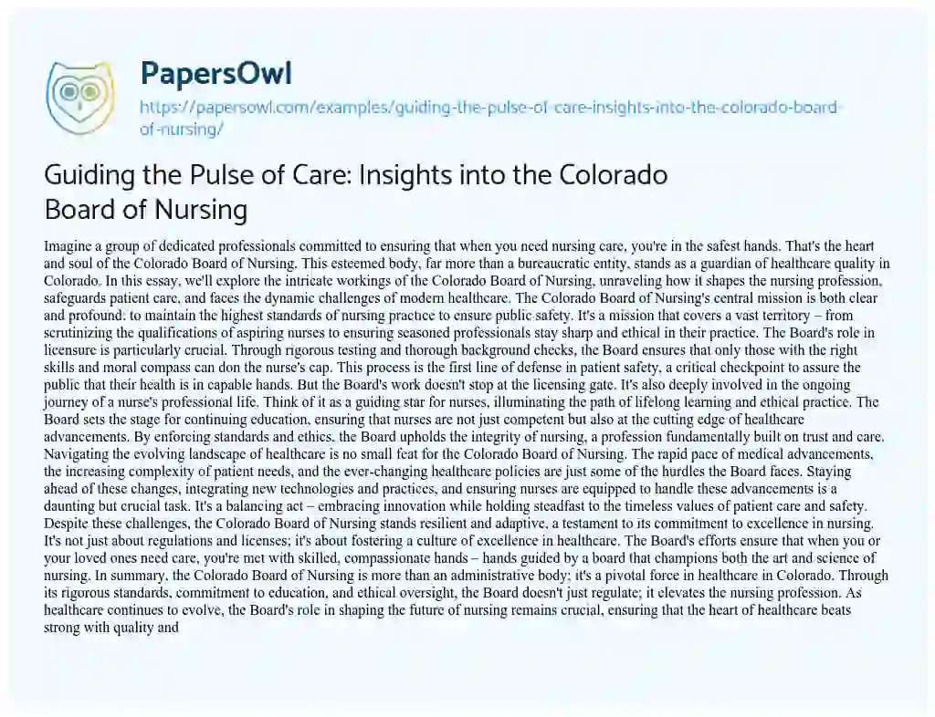 Essay on Guiding the Pulse of Care: Insights into the Colorado Board of Nursing