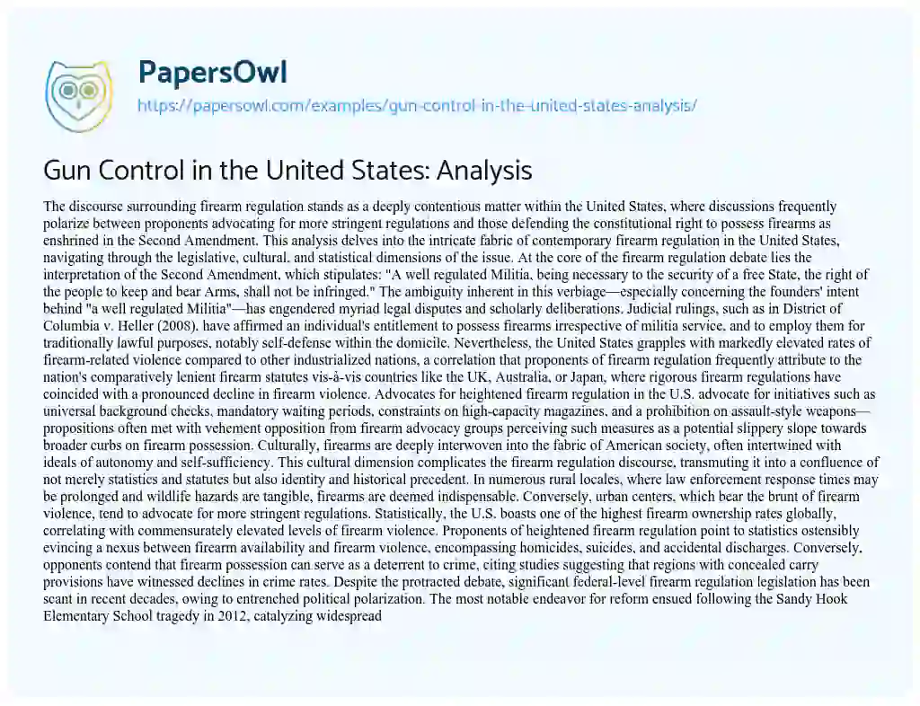Essay on Gun Control in the United States: Analysis
