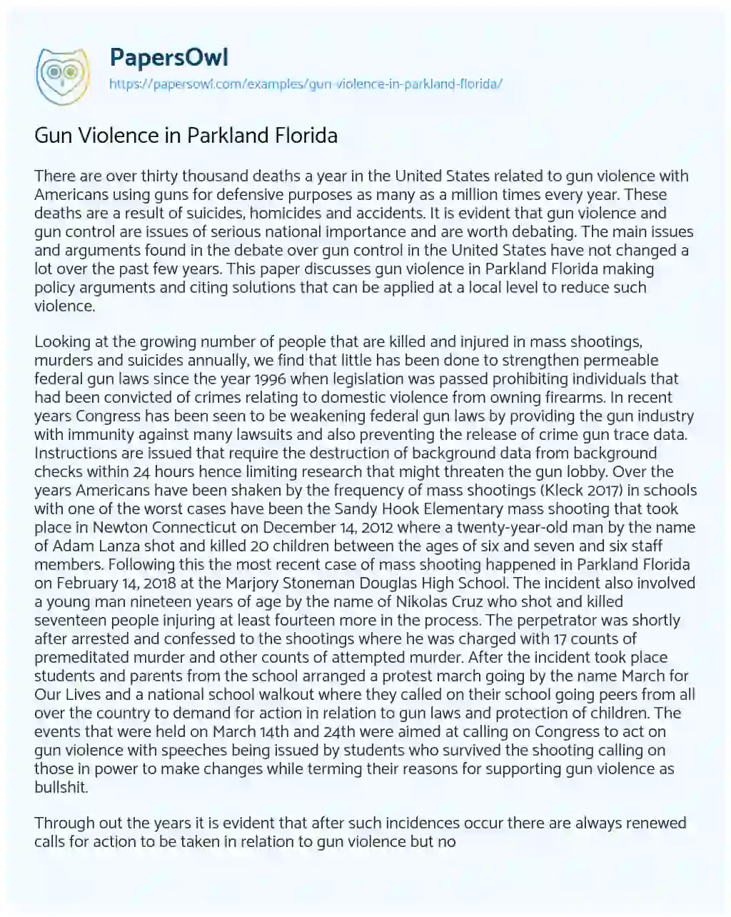 Gun Violence in Parkland Florida essay