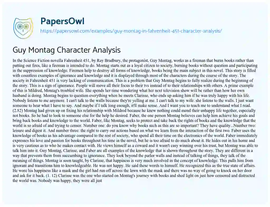 Essay on Guy Montag Character Analysis