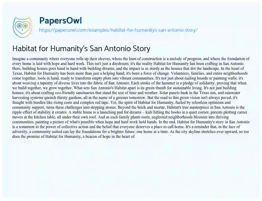 Essay on Habitat for Humanity’s San Antonio Story