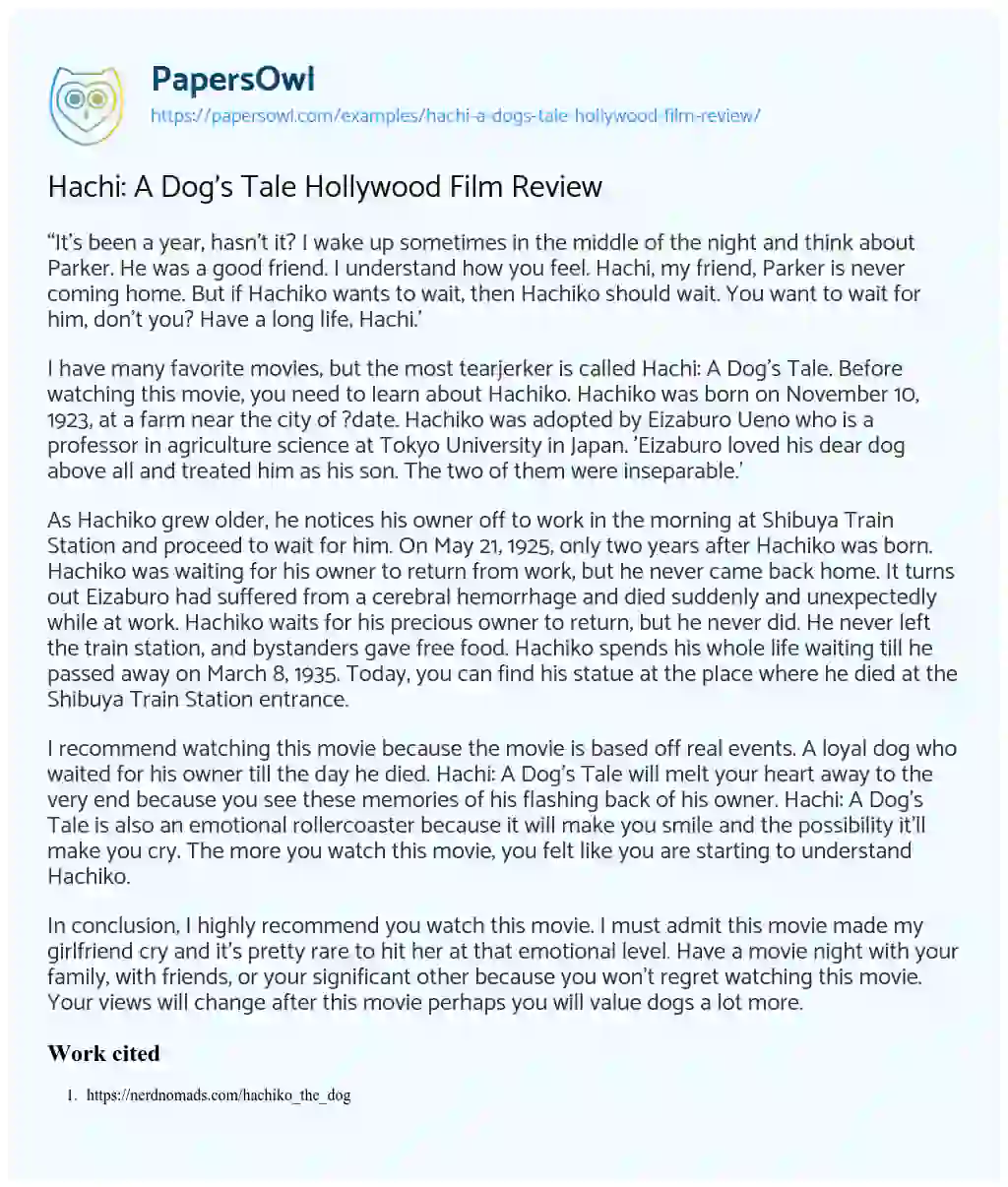 Hachi: a Dog’s Tale Hollywood Film Review essay
