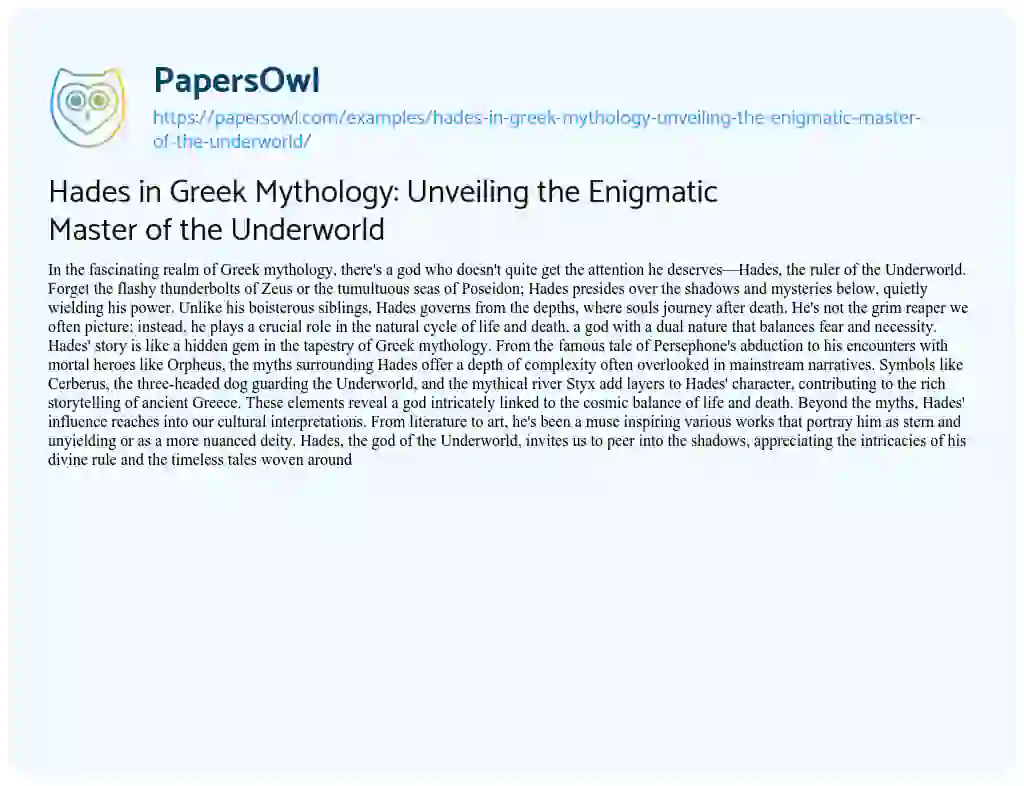 Essay on Hades in Greek Mythology: Unveiling the Enigmatic Master of the Underworld