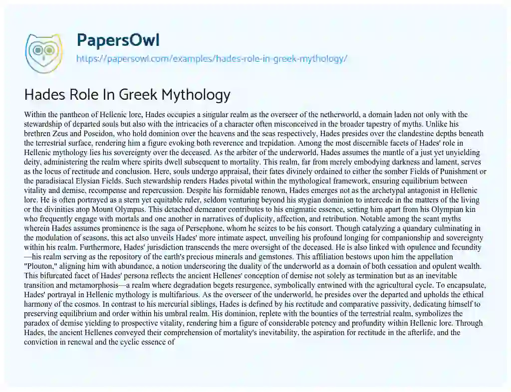 Essay on Hades Role in Greek Mythology