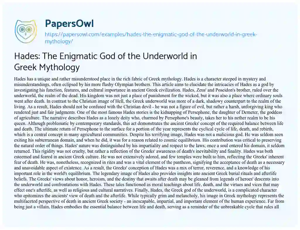 Essay on Hades: the Enigmatic God of the Underworld in Greek Mythology