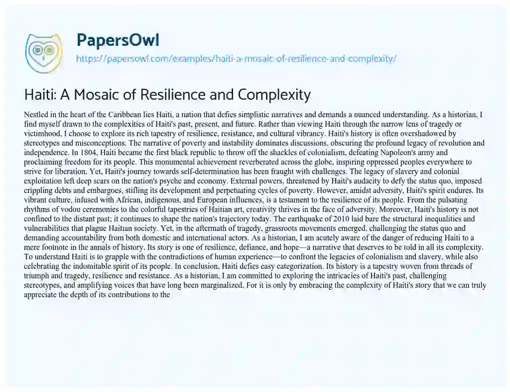 Essay on Haiti: a Mosaic of Resilience and Complexity