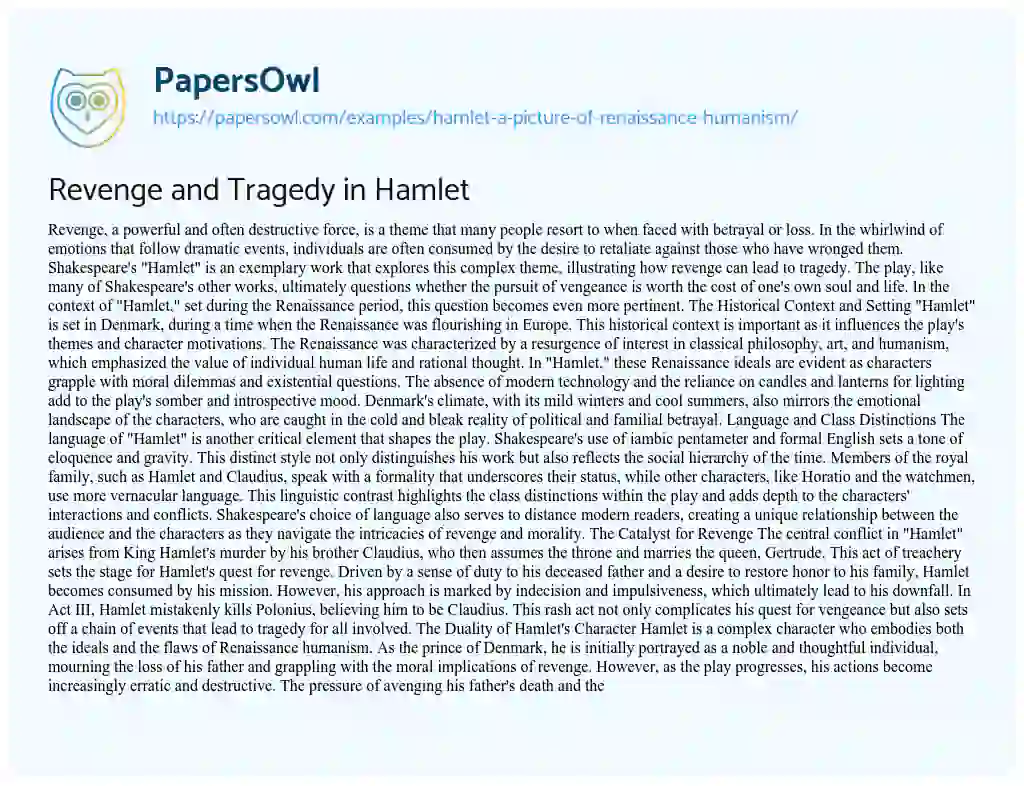 Essay on Hamlet: a Picture of Renaissance Humanism