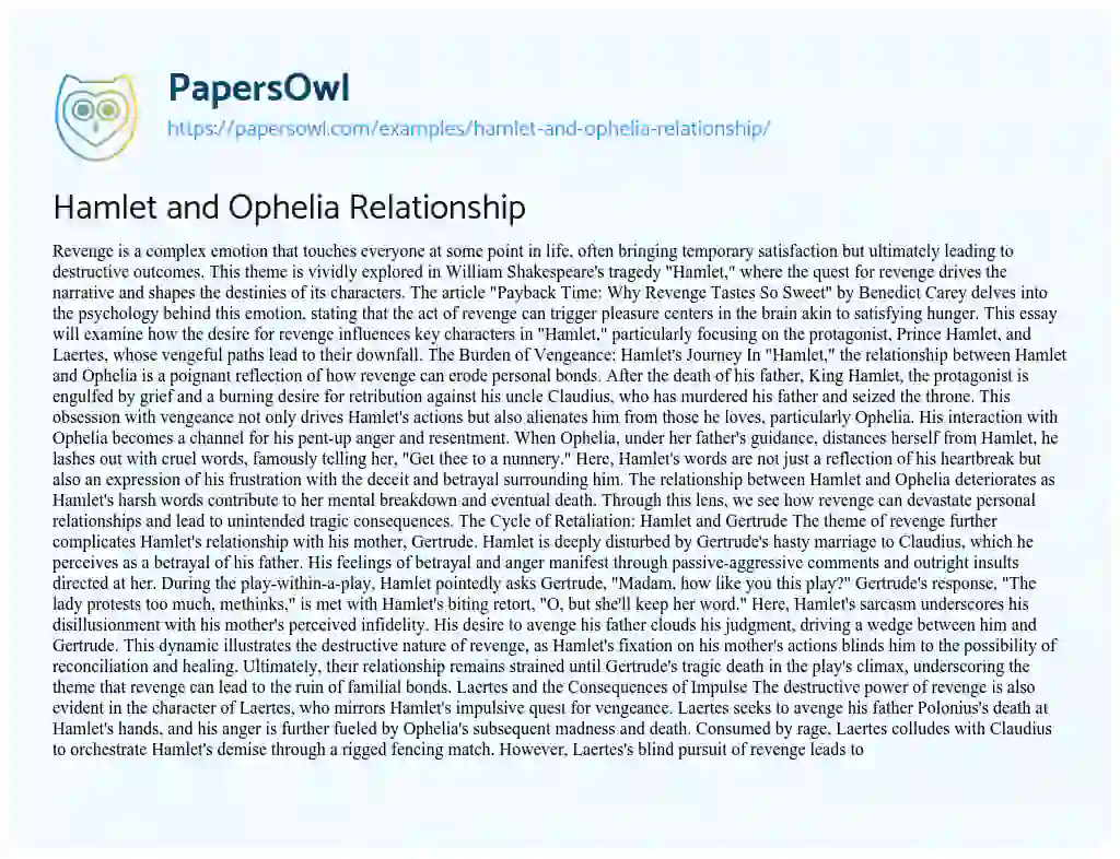 Essay on Hamlet and Ophelia Relationship