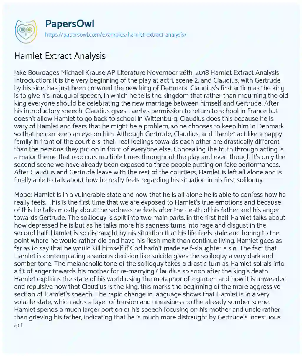 Hamlet Extract Analysis essay