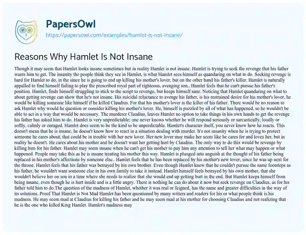Essay on Reasons why Hamlet is not Insane