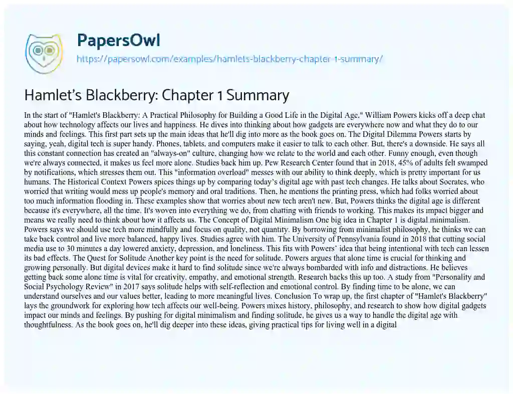 Essay on Hamlet’s Blackberry: Chapter 1 Summary