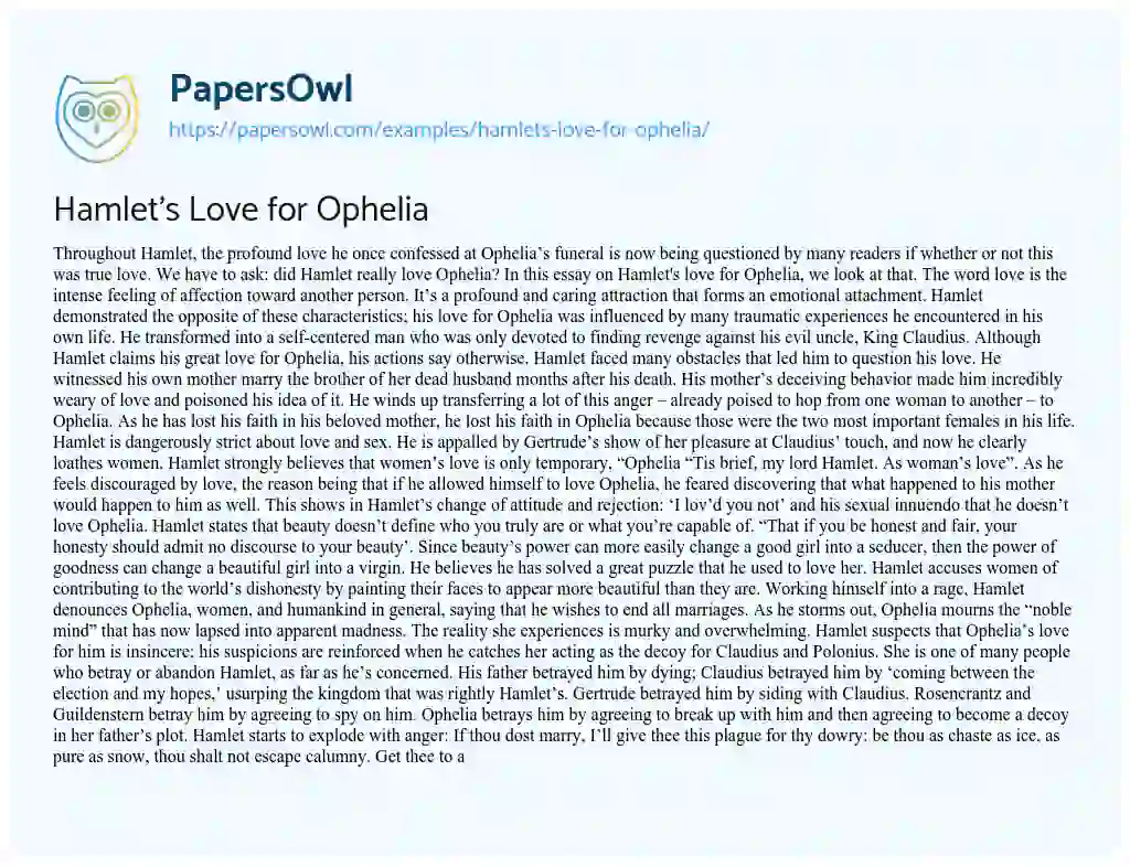 Essay on Hamlet’s Love for Ophelia