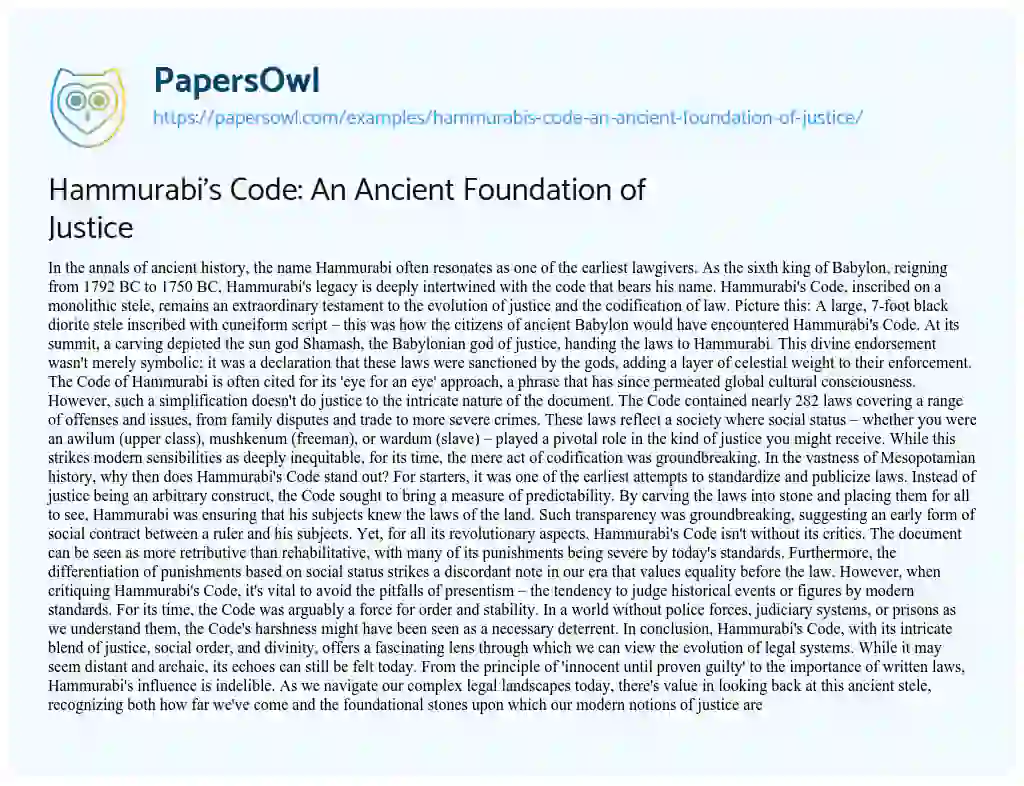 Essay on Hammurabi’s Code: an Ancient Foundation of Justice