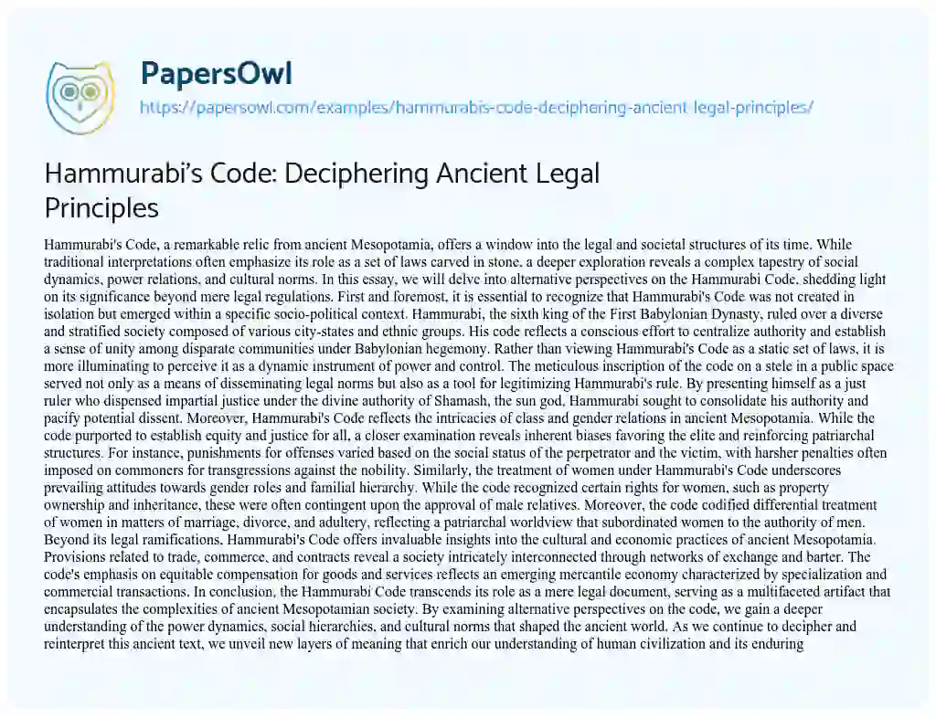 Essay on Hammurabi’s Code: Deciphering Ancient Legal Principles