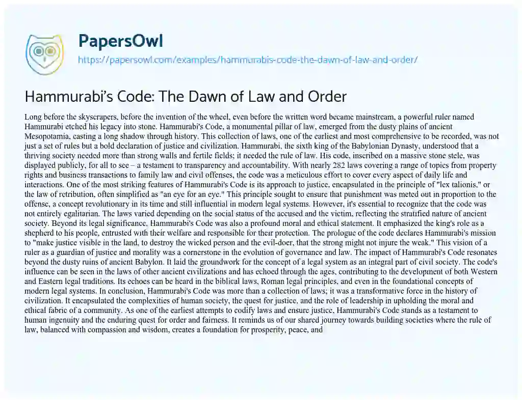 Essay on Hammurabi’s Code: the Dawn of Law and Order