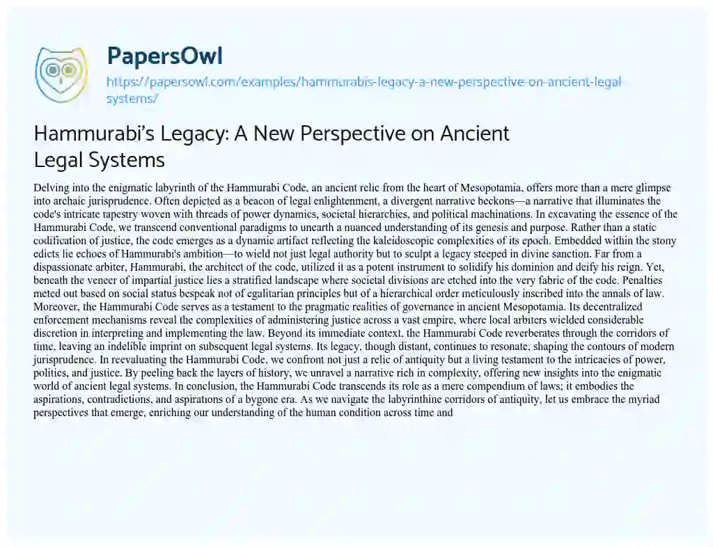 Essay on Hammurabi’s Legacy: a New Perspective on Ancient Legal Systems