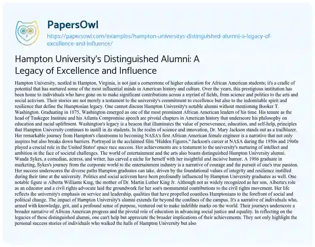 Essay on Hampton University’s Distinguished Alumni: a Legacy of Excellence and Influence